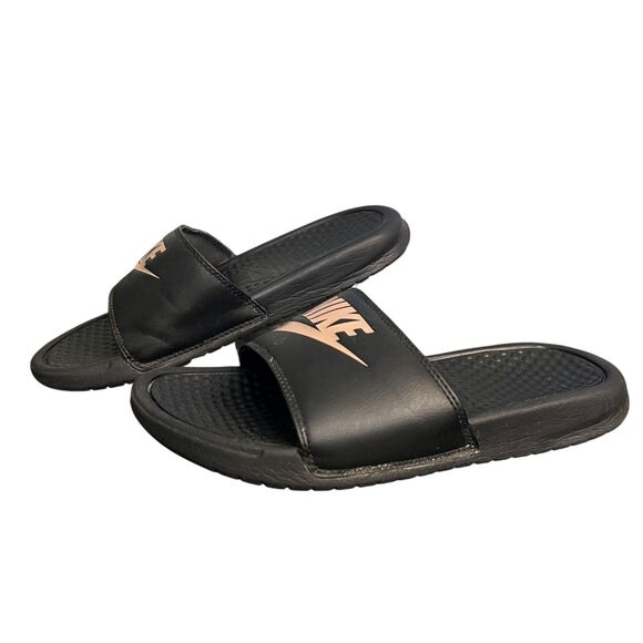 Nike Benassi JDI Slide Sandals Shoes Womens Size 7 Black Rose Gold 343880-007 - Picture 2 of 9